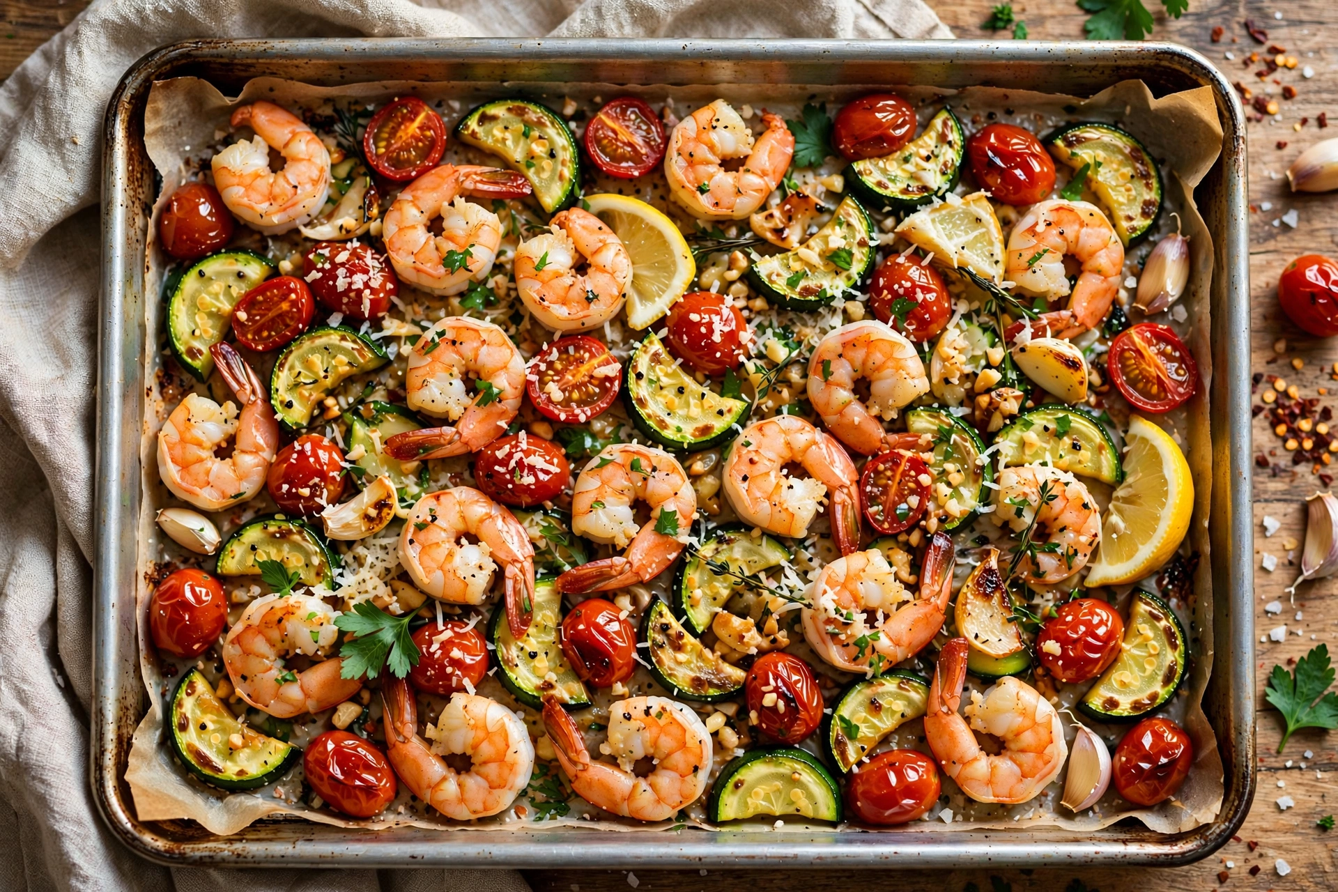 Garlic Parmesan Sheet Pan Shrimp with Zucchini and Cherry Tomatoes